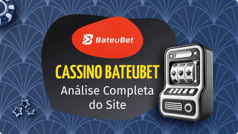 BateuBet Cassino: máquina de caça-níquel no canto direito, com estrelas e fichas de cassino no canto esquerdo, com fundo azul escuro e detalhes mais claros