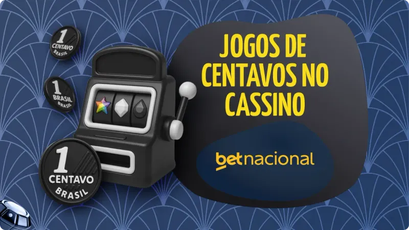 Slot 10 Centavos Betnacional: fundo azul escuro, com detalhes mais claros, com moedas pretas de real brasileiro e uma máquina de cassino no lado esquerdo