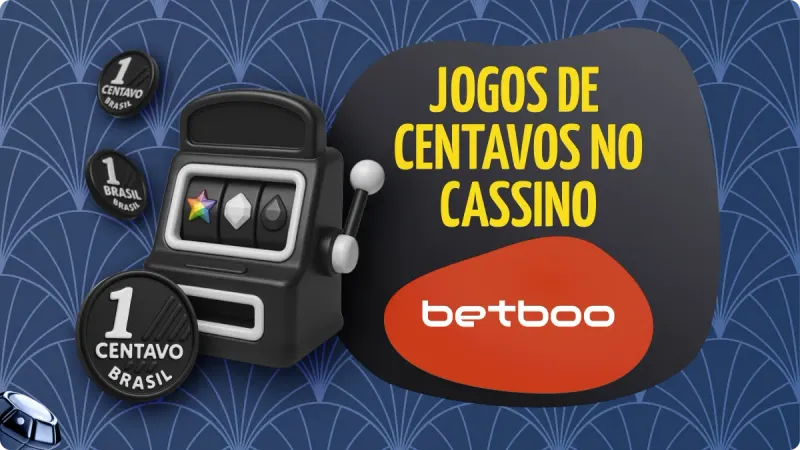 Slot 10 Centavos Betboo: fundo azul escuro, com detalhes mais claros, com moedas pretas de real brasileiro e uma máquina de cassino no lado esquerdo