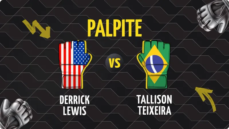 Palpite Derrick Lewis x Teixeira: duas luvas coloridas com as bandeiras do estados unidos e do brasil, com  o fundo escuro e letras em amarelo.
