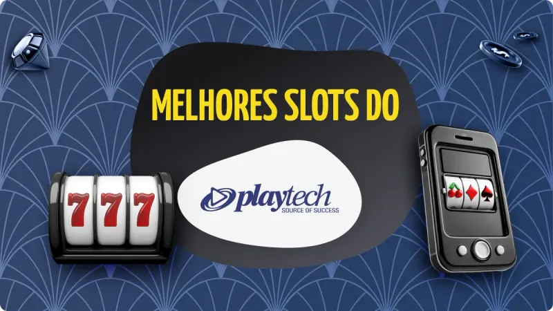 Playtech Slots: fundo azul escuro com detalhes mais claros, com duas máquinas de cassino na esquerda e na direita, com fichas de assino acima e diamante no canto esquerdo