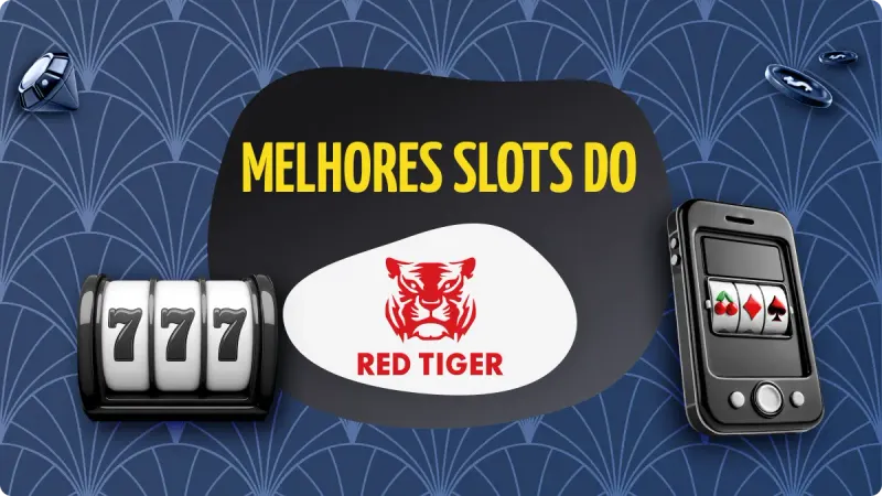 Red Tiger Slots: fundo azul escuro com detalhes mais claros, com duas máquinas de cassino na esquerda e na direita, com fichas de assino acima e diamante no canto esquerdo