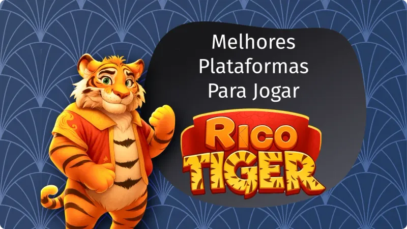 Rico Tiger: fundo azul escuro, com detalhes claros, com tigre laranja no canto esquerdo e algumas palavras no centro da imagem