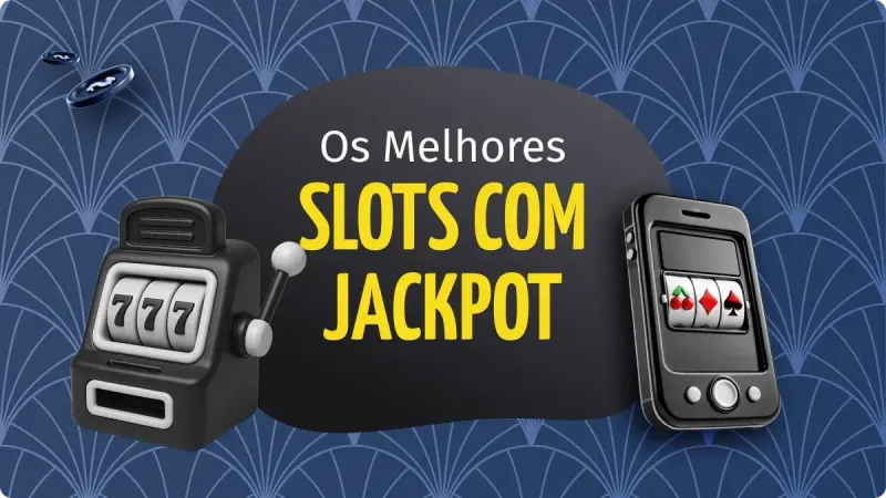 Slots com Jackpot: duas máquinas de cassino na esquerda e direita, com fichas de cassino na esquerda e palavras ao centro