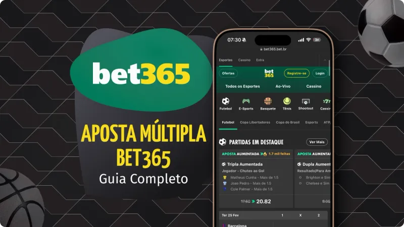 Aposta Múltipla bet365: imagem de celular no centro, com site da bet365 apostas, com fundo escuro e detalhes mais claros, com bola de basquete e bola de futebol nos cantos