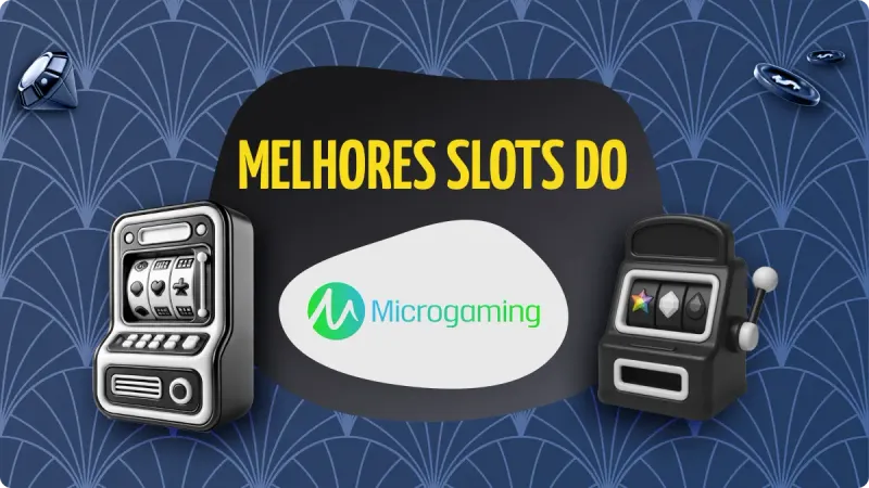Microgaming Slots: fundo azul escuro com detalhes mais claros, com duas máquinas de cassino na esquerda e na direita, com fichas de assino acima e diamante no canto esquerdo