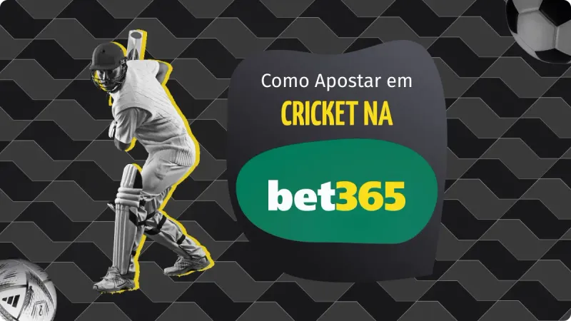 Críquete na bet365: fundo preto, com detalhes mais claros, com jogador de críquete no canto esquerdo, com o logo da bet365 na direita e bolas de futebol em ambos os cantos