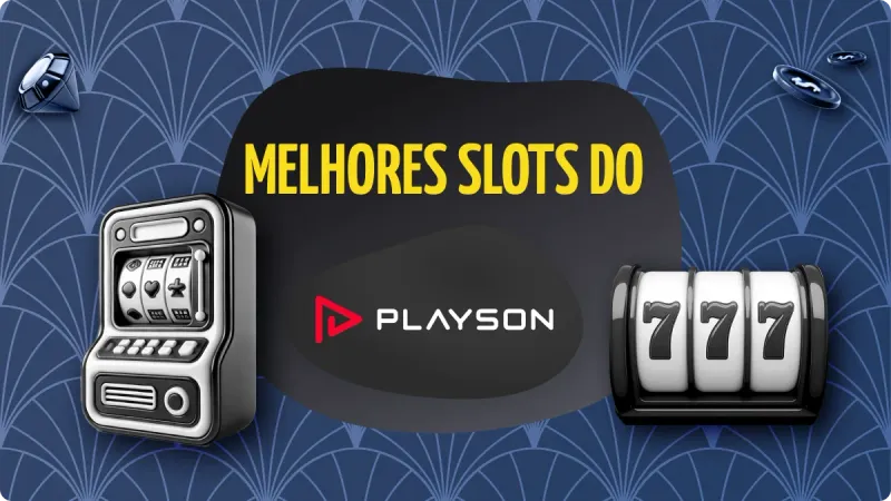 Playson Slots: fundo azul escuro com detalhes mais claros, com duas máquinas de cassino de diferentes tipos na esquerda e na direita, com fichas de assino acima e diamante no canto esquerdo