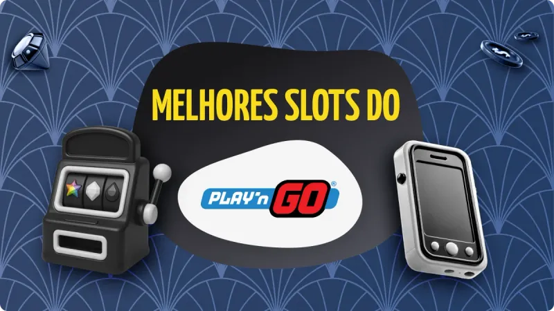 Playn'go Slots: fundo azul escuro, com máquinas de cassino na esquerda e na direita, logo da Playn'go no centro