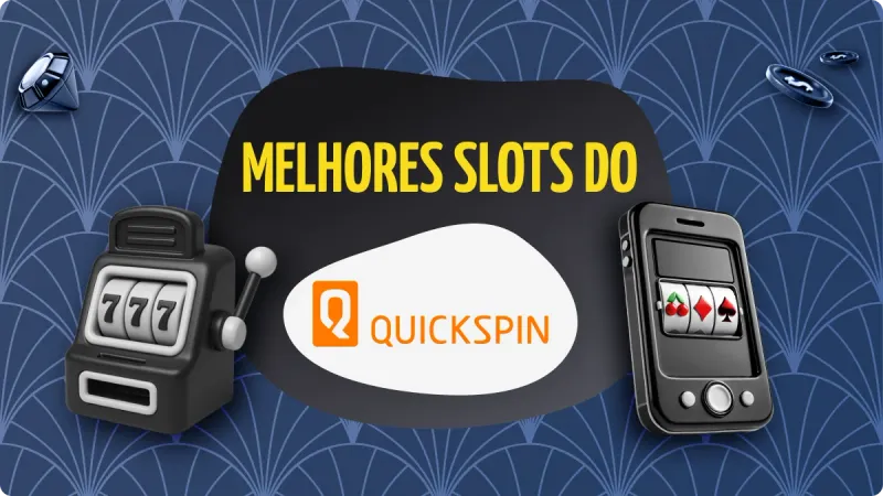 QuickSpin Slots: fundo azul escuro, com máquinas de cassino na esquerda e na direita, logo da QuickSpin no centro