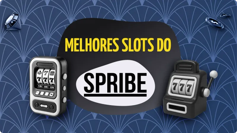 Spribe Slots: fundo azul escuro com detalhes mais claros, com duas máquinas de cassino de diferentes tipos na esquerda e na direita, com fichas de cassino acima e diamante no canto esquerdo