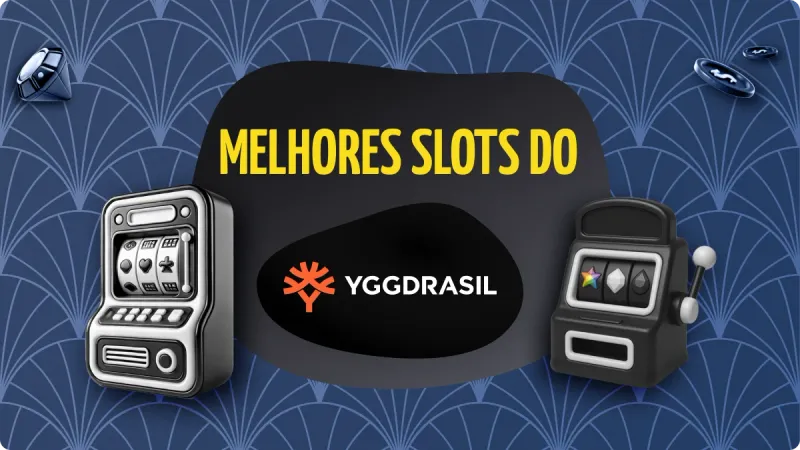 Yggdrasil Slots: fundo azul escuro, com detalhes mais claros, com máquina de cassino na esquerda e na direita e logo da Yggdrasil no centro