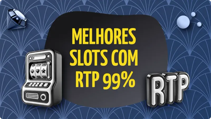 99% RTP Slots: fundo azul, com estrelas e diamantes, com máquina de cassino na esquerda e símbolo de RTP na direita