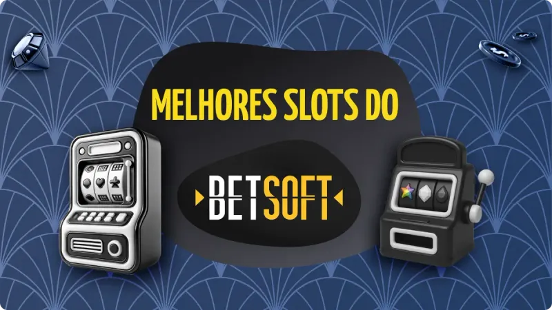 betsoft Slots: fundo azul escuro com detalhes mais claros, com duas máquinas de cassino de diferentes tipos na esquerda e na direita, com fichas de cassino acima e diamante no canto esquerdo
