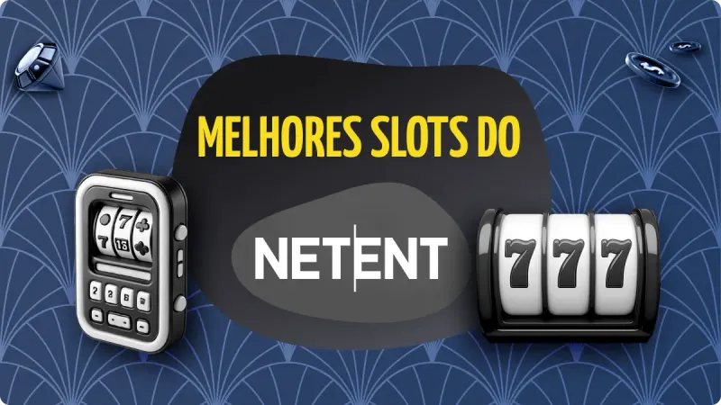 NetEnt Slots: fundo azul, com detalhes mais claros e fichas de cassino, com máquinas de cassino na esquerda e na direita, logo da NetEnt no centro