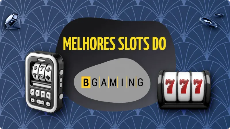 Bgaming Slots: fundo azul escuro com detalhes mais claros, com uma máquina de cassino na esquerda e um celular com cassino na direita, com fichas de cassino acima e diamante no canto esquerdo
