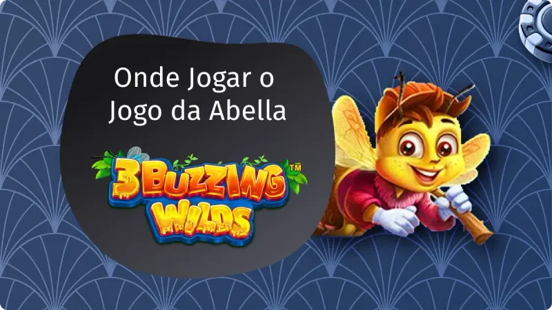Jogo da Abelha Slot: Imagem com fundo azul com detalhes claros, com uma abelha no centro, e uma ficha de cassino no canto superior direito