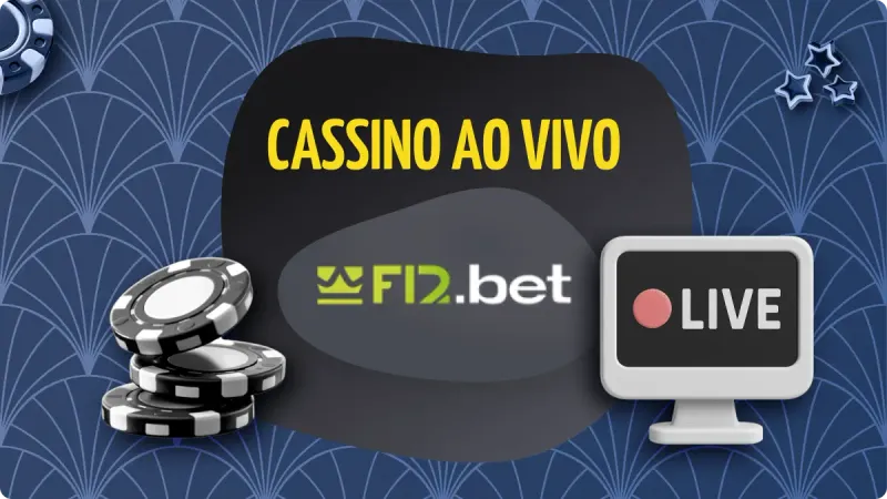 Cassino Ao Vivo F12 Bet - fundo azul com detalhes claros, com fichas de cassino no lado esquerdo e um computador do lado direito. Com uma ficha de cassino no lado esquerdo superior e estrelas no lado direito superior