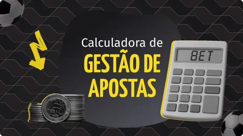 Calculadora de Gestão de Apostas: Imagem com fundo preto e cinza com detalhes claros, moedas empilhadas do lado direito, uma calculadora com o nome bet do lado direito. Uma seta amarela do esquerdo, uma boa do futebol acima à esquerda