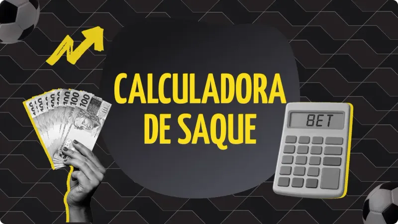 Calculadora de Cashout: Imagem com fundo preto e cinza com detalhes claros, pessoa com dinheiro na mão no lado esquerdo, uma calculadora com o nome bet do lado direito. Uma seta amarela do esquerdo, uma boa do futebol acima à esquerda