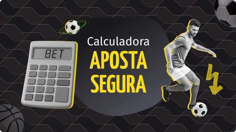 Aposta Segura: Imagem com fundo preto e cinza com detalhes claros, uma calculadora com o nome bet e uma bola acima do lado esquerdo, um homem jogando futebol com uma bola no pé à direita. Uma seta amarela do direito, uma boa do futebol acima à direita