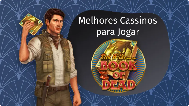Book of Dead: fundo azul escuro com detalhes claros e um explorador no lado esquerdo, com um livro na mão