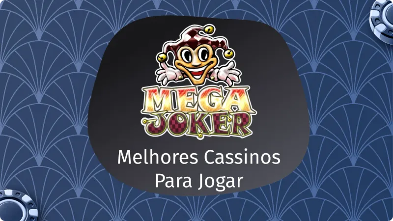Mega Joker Slot: fundo azul escuro com detalhes claros, uma ficha de cassino do lado esquerdo inferior e uma ficha do lado direito superior