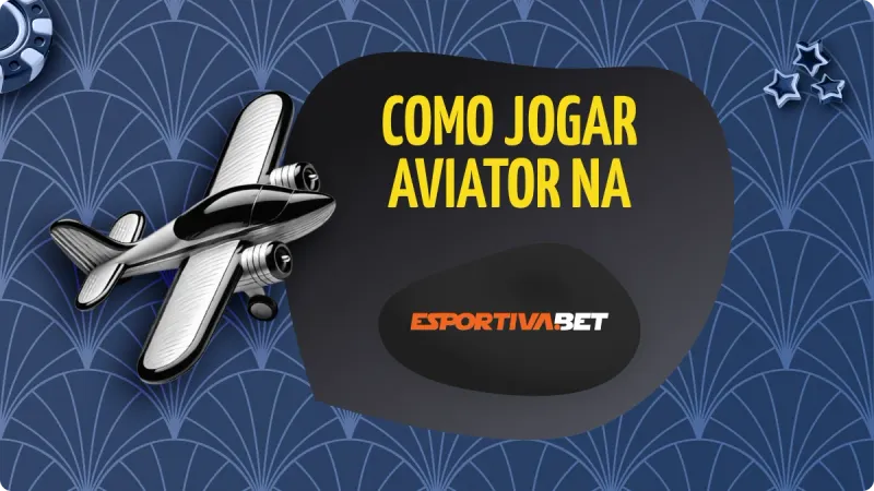 Aviator Esportivabet: Imagem com fundo azul escuro e detalhes claros, com fichas de cassinos e estrelas acima, e avião no lado esquerdo da logo