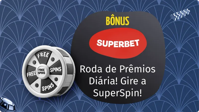 Superspin Superbet: roleta de prêmios preta e branca no lado esquerdo da imagem, com ficha de cassino logo abaixo, com sequência de estrelas acima e um fundo azul escuro com detalhes mais claros
