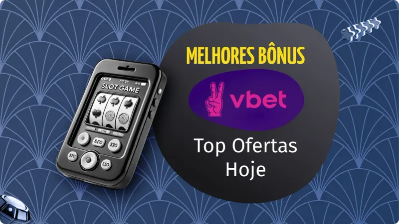 Bônus VBet: máquina caça-níquel de cassino preta e branca na direita, fichas de cassino abaixo, com fundo azul escuro e detalhes mais claros