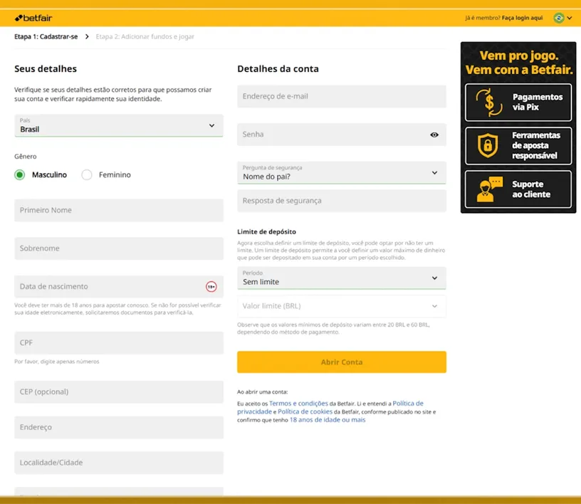 Depósito do Cassino Betfair