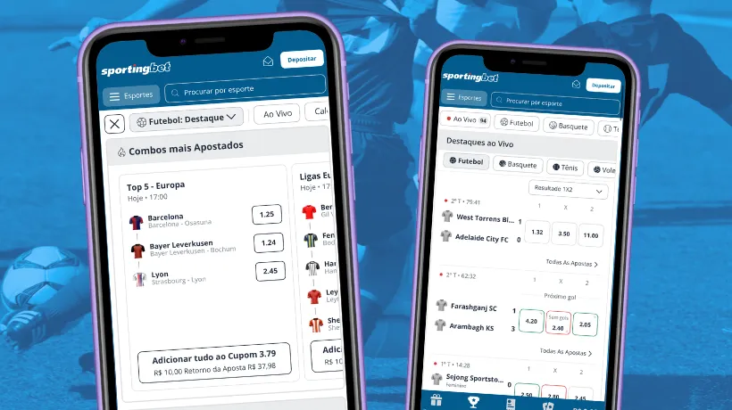 Imagem com fundo azul e dois celulares em destaque na área de apostas da Sportingbet