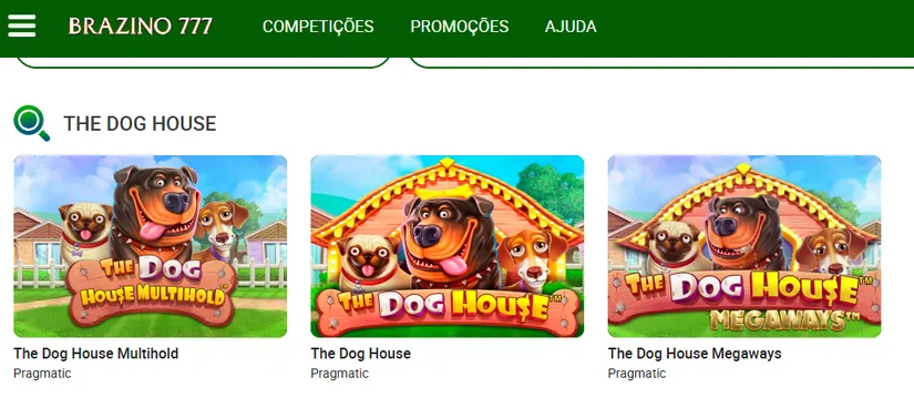 The Dog House: Página da Brazino777 em verde e branco com variações do jogo 