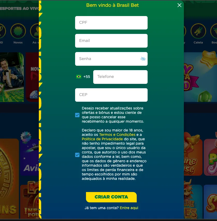 Criar conta na Aposta Brasil Bet