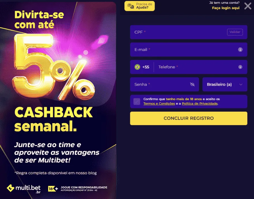 Pix Multibet: tela com fundo azul e detalhes em amarelo e dourado, com as informações para cadastro na plataforma Multibet