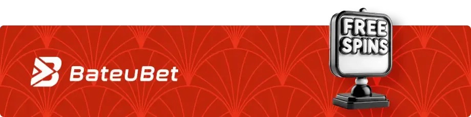 Cassino Pix BateuBet: fundo vermelho, com detalhes mais claros, com logo da bateubet na esquerda e um quadro escrito "free spins" na direita