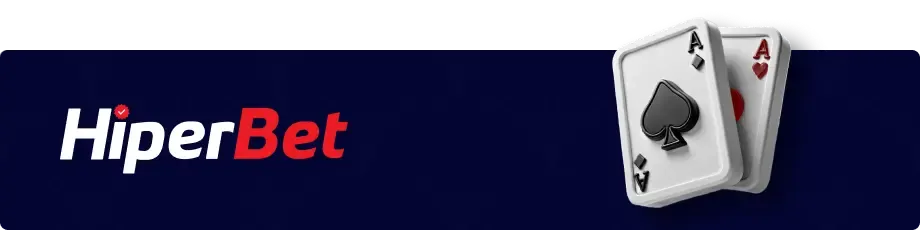 Melhores Plataformas de Slots Hiperbet: imagem com fundo azul escuro, com logo da hiperbet na esquerda e duas cartas de baralho na direita