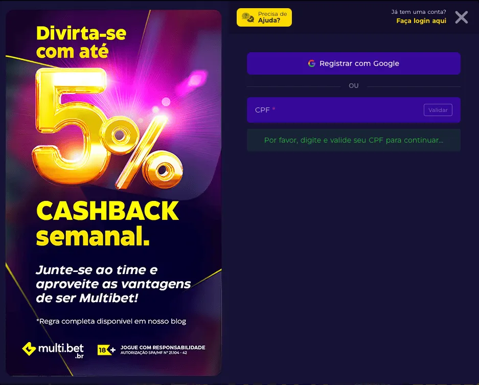 Multibet Games: tela de cadastro do celular no cassino