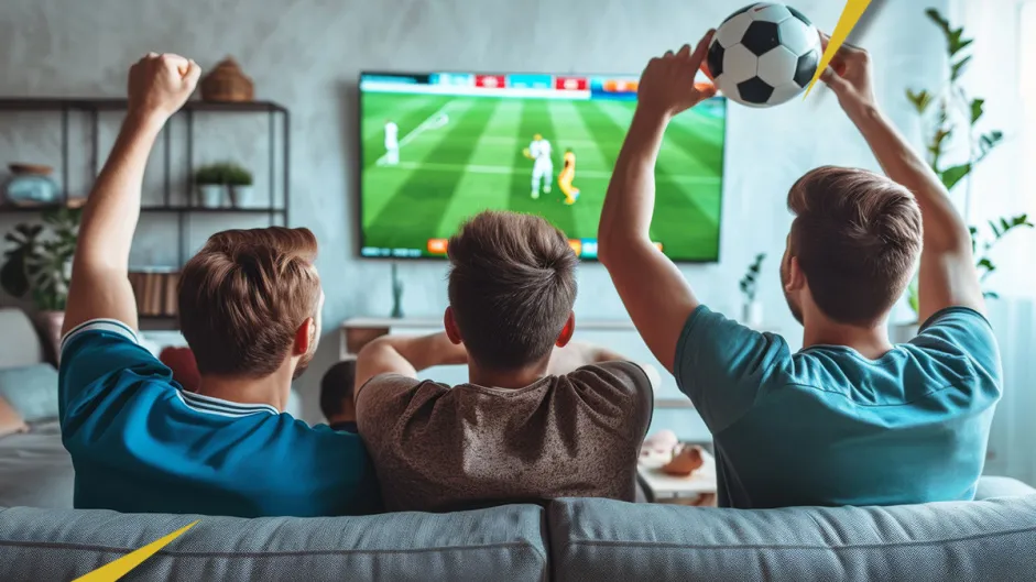 Jogo de Aposta A Partir de 5 Reais: Três pessoas assistindo a um jogo de futebol sentadas no sofá. Imagem bem colorida.