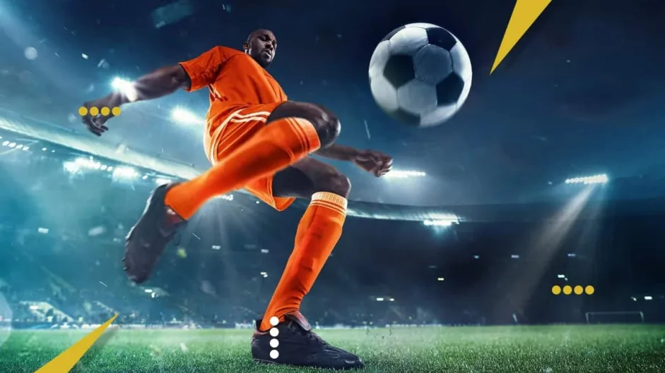 Casas de Apostas Vip, na imagem tem um jogador de laranja chutando uma bola dentro de um estádio iluminado.