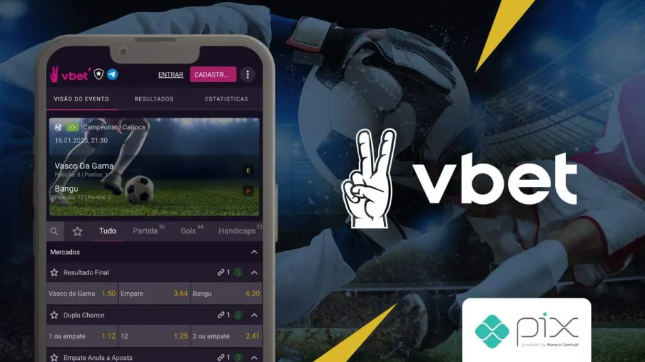Jogue com Pix na Vbet: Imagem tem o app aberto da plataforma no celular, com o fundo de um goleiro defendendo uma bola, tudo isso em cores cinzas, azuis, brancas e amarelas.