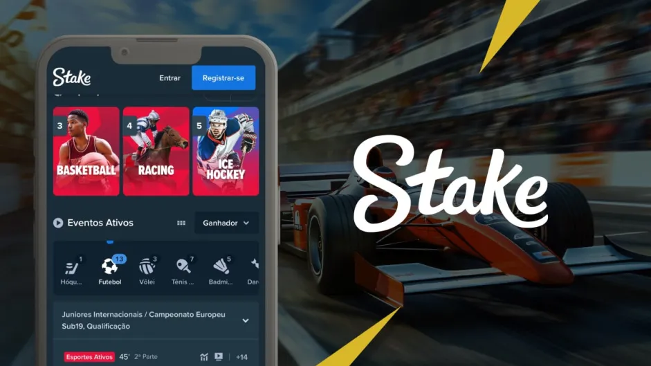 Stake Guia Completo. Uma imagem de um celular com vários esportes e apostas, ao lado um caro de corrida com o nome Stake.