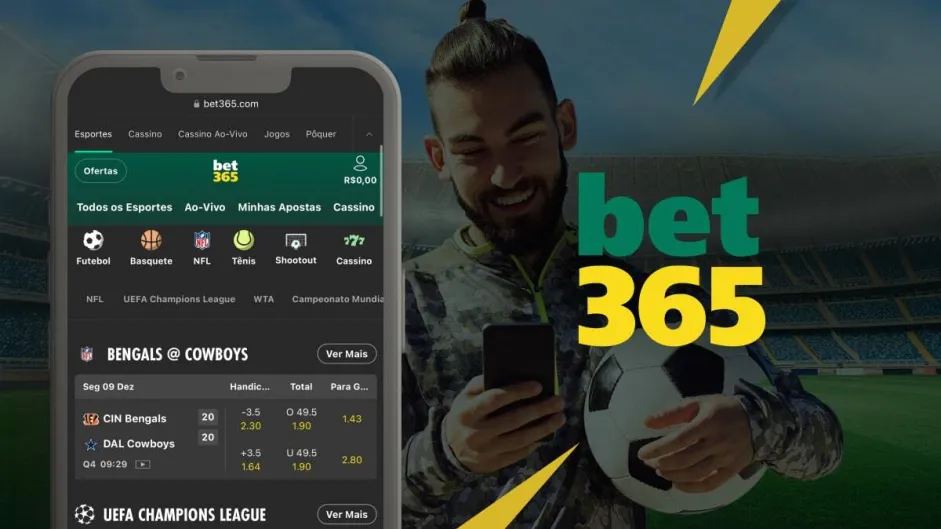 Guia Completo bet365, na imagem tem o nome da casa de apostas e um celular contendo o aplicativo com diversos jogos e apostas esportivas.