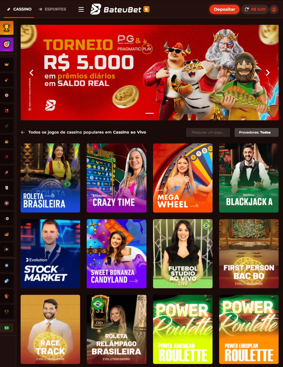 Bateubet cassino: tela com as opções de jogos de cassino, com as imagens dos jogos de cassino da BateuBet