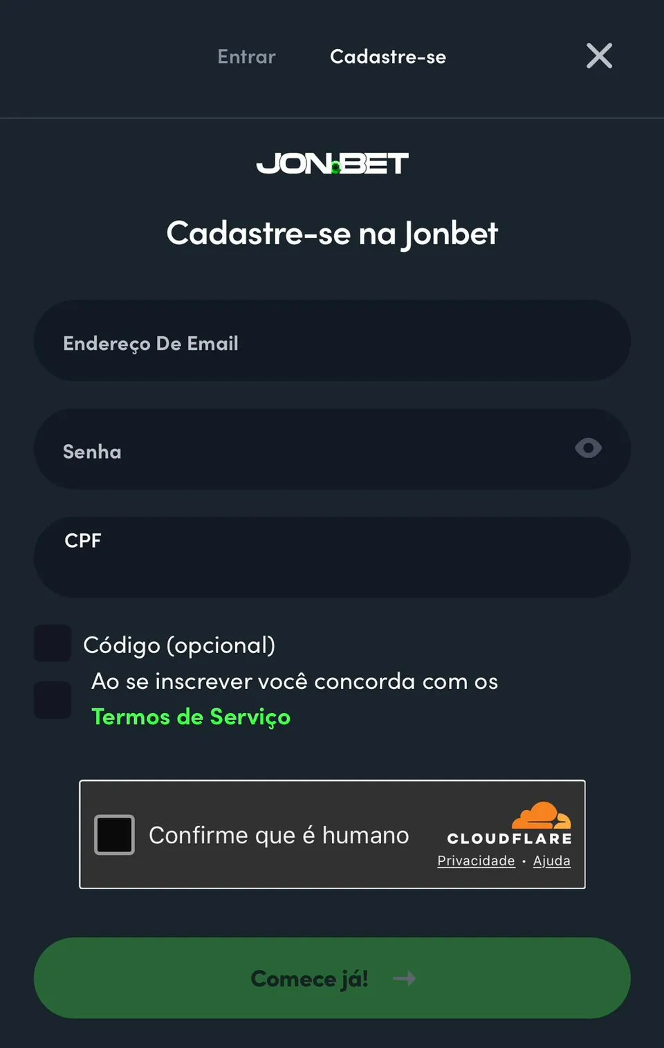 Faça o seu cadastro na Jonbet Apostas