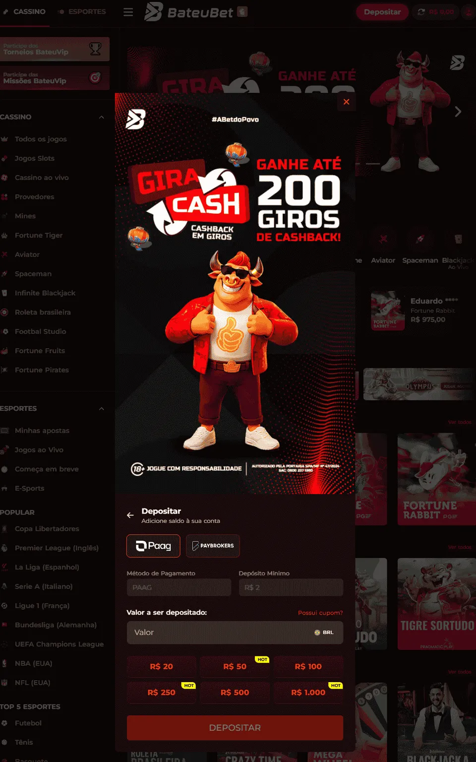 BateuBet Cassino: tela com detalhes em vermelho, com touro mascote da casa de apostas, com tela de depósito