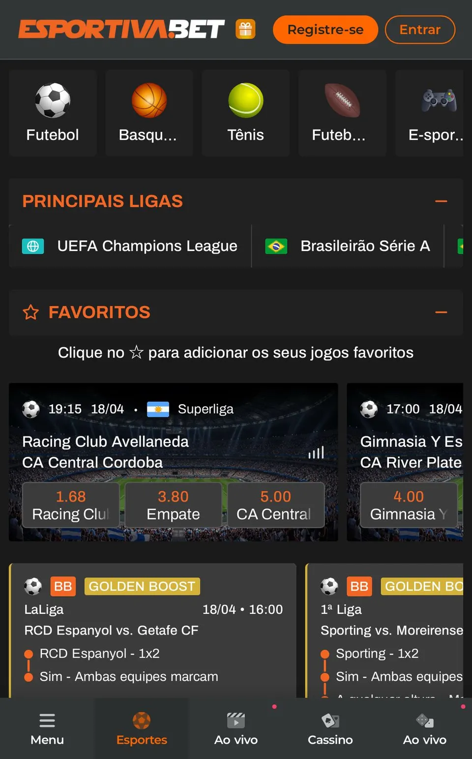 Esportiva Bet App. Imagem do app com as cores laranja e tons escuros que são da plataforma, contendo diversas apostas e esportes.
