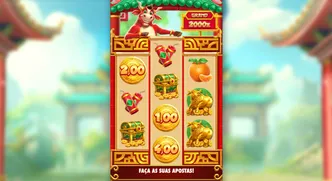 Ilustração vibrante do slot Touro Sortudo com touro vermelho, moedas douradas, baús de tesouro, laranjas e touros dourados em fundo claro.