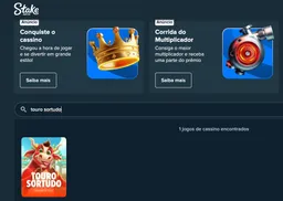 Imagem promocional da Stake com fundo azul, banners de bônus e o jogo Touro Sortudo com touro vermelho em destaque.