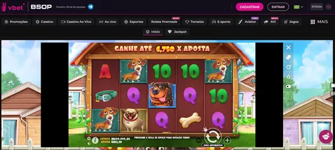 Site Vbet escrito em rosa no fundo preto com o jogo The Dog House destacado
